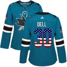 Women's Adidas San Jose Sharks #30 Aaron Dell Authentic Teal Green USA Flag Fashion NHL Jersey