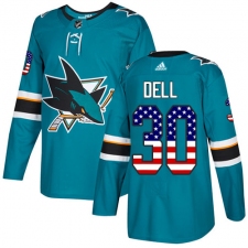 Youth Adidas San Jose Sharks #30 Aaron Dell Authentic Teal Green USA Flag Fashion NHL Jersey