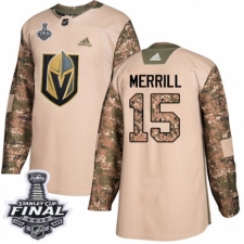 Men's Adidas Vegas Golden Knights #15 Jon Merrill Authentic Camo Veterans Day Practice 2018 Stanley Cup Final NHL Jersey