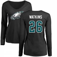 Women's Nike Philadelphia Eagles #26 Jaylen Watkins Black Name & Number Logo Slim Fit Long Sleeve T-Shirt.