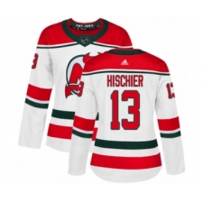 Women's Adidas New Jersey Devils #13 Nico Hischier Authentic White Alternate NHL Jersey