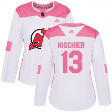 Women's Adidas New Jersey Devils #13 Nico Hischier Authentic White/Pink Fashion NHL Jersey