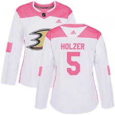 Women's Adidas Anaheim Ducks #5 Korbinian Holzer Authentic White/Pink Fashion NHL Jersey