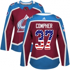 Women's Adidas Colorado Avalanche #37 J.T. Compher Authentic Burgundy Red USA Flag Fashion NHL Jersey
