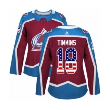 Women's Adidas Colorado Avalanche #18 Conor Timmins Authentic Burgundy Red USA Flag Fashion NHL Jersey
