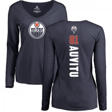 NHL Women's Adidas Edmonton Oilers #81 Yohann Auvitu Navy Blue Backer Slim Fit Long Sleeve T-Shirt
