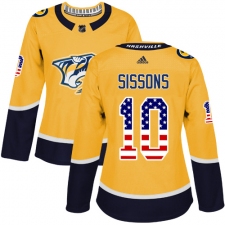 Women's Adidas Nashville Predators #10 Colton Sissons Authentic Gold USA Flag Fashion NHL Jersey
