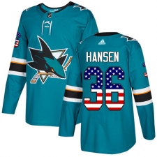 Men's Adidas San Jose Sharks #36 Jannik Hansen Authentic Teal Green USA Flag Fashion NHL Jersey