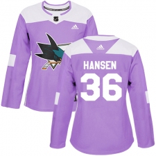 Women's Adidas San Jose Sharks #36 Jannik Hansen Authentic Purple Fights Cancer Practice NHL Jersey