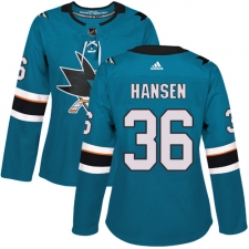 Women's Adidas San Jose Sharks #36 Jannik Hansen Authentic Teal Green Home NHL Jersey
