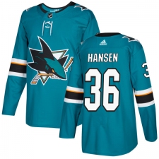 Youth Adidas San Jose Sharks #36 Jannik Hansen Premier Teal Green Home NHL Jersey