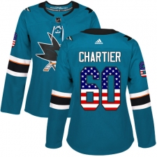 Women's Adidas San Jose Sharks #60 Rourke Chartier Authentic Teal Green USA Flag Fashion NHL Jersey