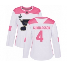 Women's St. Louis Blues #4 Carl Gunnarsson Authentic White Pink Fashion 2019 Stanley Cup Final Bound Hockey Jersey
