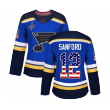 Women's St. Louis Blues #12 Zach Sanford Authentic Blue USA Flag Fashion 2019 Stanley Cup Final Bound Hockey Jersey