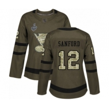 Women's St. Louis Blues #12 Zach Sanford Authentic Green Salute to Service 2019 Stanley Cup Final Bound Hockey Jersey