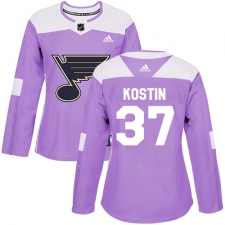 Women's Adidas St. Louis Blues #37 Klim Kostin Authentic Purple Fights Cancer Practice NHL Jersey