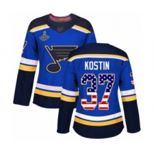 Women's St. Louis Blues #37 Klim Kostin Authentic Blue USA Flag Fashion 2019 Stanley Cup Champions Hockey Jersey