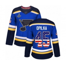 Women's St. Louis Blues #45 Luke Opilka Authentic Blue USA Flag Fashion 2019 Stanley Cup Champions Hockey Jersey