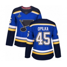 Women's St. Louis Blues #45 Luke Opilka Authentic Royal Blue Home 2019 Stanley Cup Champions Hockey Jersey