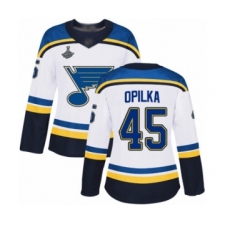 Women's St. Louis Blues #45 Luke Opilka Authentic White Away 2019 Stanley Cup Champions Hockey Jersey