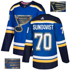 Men's Adidas St. Louis Blues #70 Oskar Sundqvist Authentic Royal Blue Fashion Gold NHL Jersey