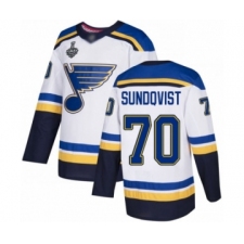 Men's St. Louis Blues #70 Oskar Sundqvist Authentic White Away 2019 Stanley Cup Final Bound Hockey Jersey