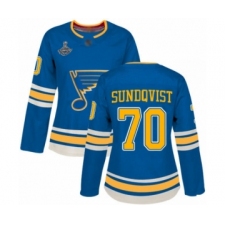 Women's St. Louis Blues #70 Oskar Sundqvist Authentic Navy Blue Alternate 2019 Stanley Cup Champions Hockey Jersey