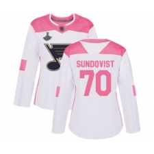 Women's St. Louis Blues #70 Oskar Sundqvist Authentic White  Pink Fashion 2019 Stanley Cup Champions Hockey Jersey
