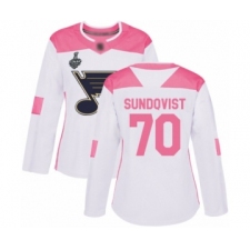Women's St. Louis Blues #70 Oskar Sundqvist Authentic White Pink Fashion 2019 Stanley Cup Final Bound Hockey Jersey