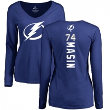 NHL Women's Adidas Tampa Bay Lightning #74 Dominik Masin Royal Blue Backer V-Neck Long-Sleeve T-Shirt