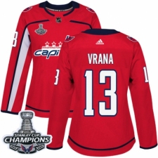 Women's Adidas Washington Capitals #13 Jakub Vrana Authentic Red Home 2018 Stanley Cup Final Champions NHL Jersey