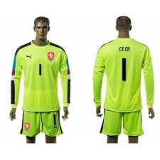 Czech #1 Cech Shiny Green Goalkeeper Long Sleeves Soccer Country Jersey