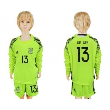 Spain #13 De Gea Shiny Green Long Sleeves Goalkeeper Kid Soccer Country Jersey