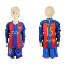 Barcelona #15 Bartra Home Long Sleeves Kid Soccer Club Jersey