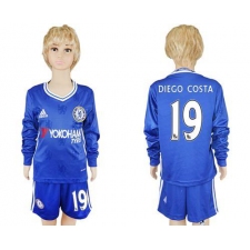 Chelsea #19 Diego Costa Home Long Sleeves Kid Soccer Club Jersey