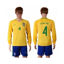 Brazil #4 David Luiz Home Long Sleeves Soccer Country Jersey