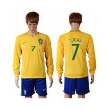 Brazil #7 Lucas Home Long Sleeves Soccer Country Jersey