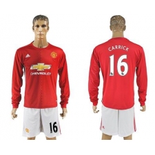 Manchester United #16 Carrick Red Home Long Sleeves Soccer Club Jersey