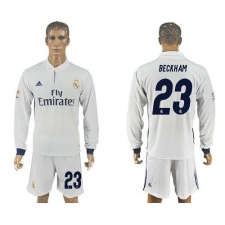 Real Madrid #23 Beckham White Home Long Sleeves Soccer Club Jersey