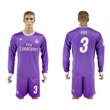 Real Madrid #3 Pepe Away Long Sleeves Soccer Club Jersey