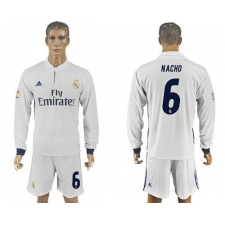 Real Madrid #6 Nacho White Home Long Sleeves Soccer Club Jersey