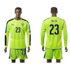 Uruguay #23 Silva Shiny Green Long Sleeves Soccer Country Jersey