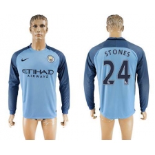 Manchester City #24 Stones Home Long Sleeves Soccer Club Jersey