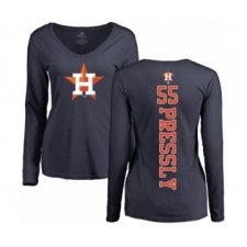 Baseball Women's Houston Astros #55 Ryan Pressly Navy Blue Backer Long Sleeve T-Shirt