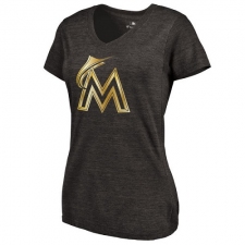 MLB Miami Marlins Fanatics Apparel Women's Gold Collection V-Neck Tri-Blend T-Shirt - Grey