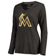 MLB Miami Marlins Women's Gold Collection Long Sleeve V-Neck Tri-Blend T-Shirt - Grey