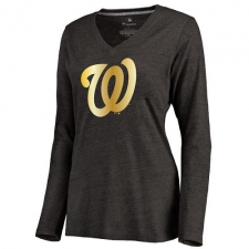 MLB Washington Nationals Women's Gold Collection Long Sleeve V-Neck Tri-Blend T-Shirt - Grey