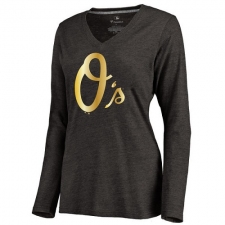 MLB Baltimore Orioles Women's Gold Collection Long Sleeve V-Neck Tri-Blend T-Shirt - Grey
