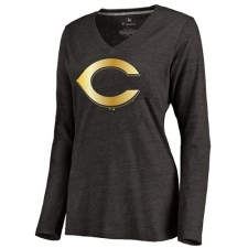 MLB Cincinnati Reds Women's Gold Collection Long Sleeve V-Neck Tri-Blend T-Shirt - Grey