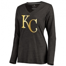 MLB Kansas City Royals Women's Gold Collection Long Sleeve V-Neck Tri-Blend T-Shirt - Grey